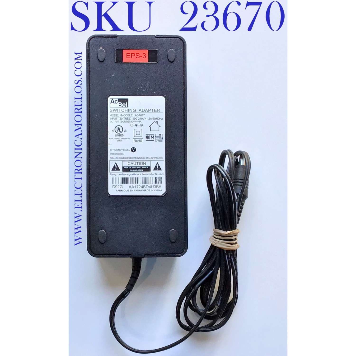 ADAPTADOR AC BEL VCA EPS-3 / NUMERO DE PARTE EPS-3  / D92G / AA1724BD4U3BA /  MODELO ADA017 / ENTRADA VCA 100-120V～50-60Hz / SALIDA VCD 12V-3A  	